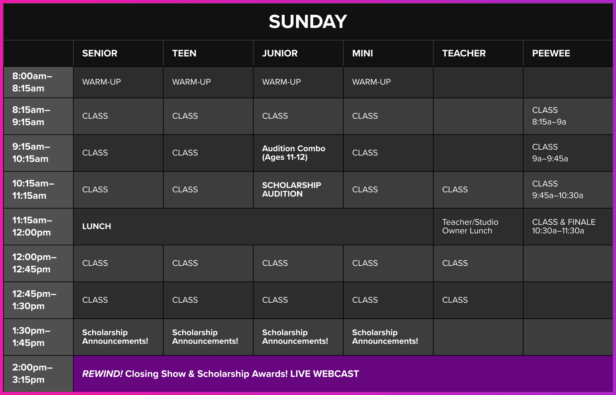 Sunday sample schedule